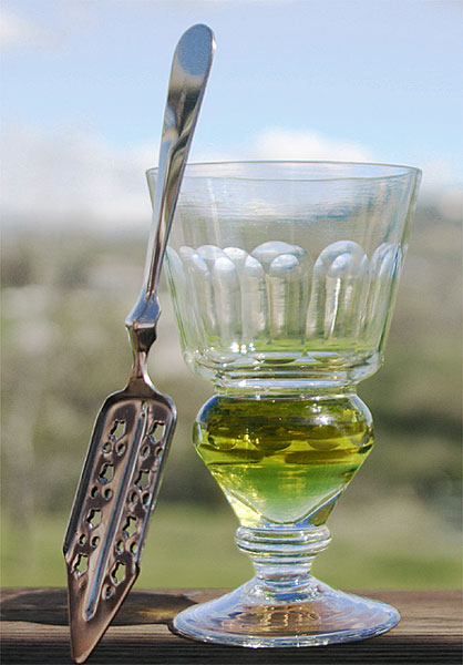 Verre d'absinthe et une cuillère à absinthe (Auteur : Eric Litton, source Wikimedia Commons. Ce fichier est disponible selon les termes de la licence Creative Commons Paternité – Partage des conditions initiales à l’identique 2.5 générique)