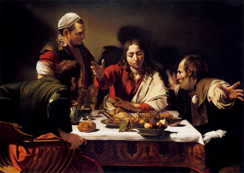 Le repas à Emmaüs, 1601, huile sur toile, 141× 196 cm, National Gallery, Londres. Caravaggio [Public domain], via Wikimedia Commons