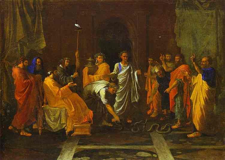"Moïse changeant le bâton de Aaron en serpent" par Nicolas Poussin 